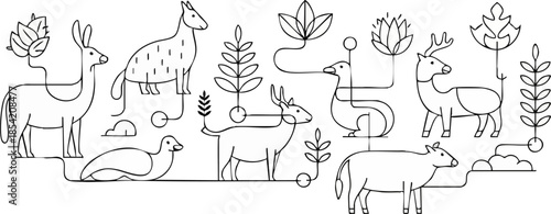 Minimalist white line art animals and foliage on black background