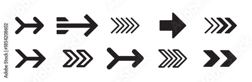 Set of various rightward pointing arrow shapes including solid and hatched chevron styles for direction