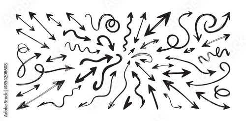 Big assortment of hand drawn sketchy whimsical arrows pointing in many different directions and curves