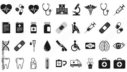 A simple set of medical icons for healthcare and hospital websites on a white background