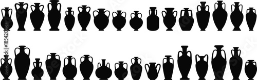 Ancient amphora silhouette icon set showcasing diverse jar shapes and handles for archaeology, history, museum, and classical design themes.