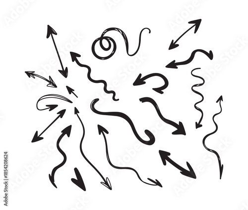 Various doodle style hand drawn arrows pointing everywhere illustrating chaos and multitude of choices