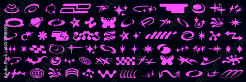 Set of bling Y2K star icons with sparkle shapes and retro shine elements. Abstract geometric set for stickers or modern graphic design packs.