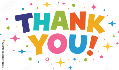 Thank You Colorful Text Isolated on White Background with Playful Stars and Dots
