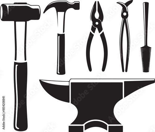 Blacksmith tools set featuring anvil hammers and ironwork pliers for industrial workshop