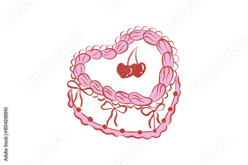 Heart shaped cake with cherries dessert doodle Valentine illustration Design