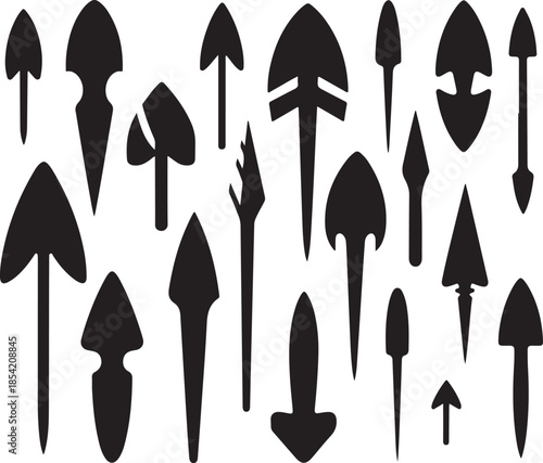 Ancient arrowhead silhouettes collection for hunting and prehistoric weapon architecture