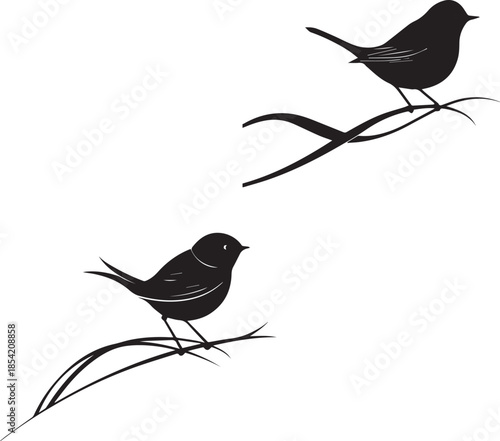 Nature bird silhouette icon set perched branch black vector on white background