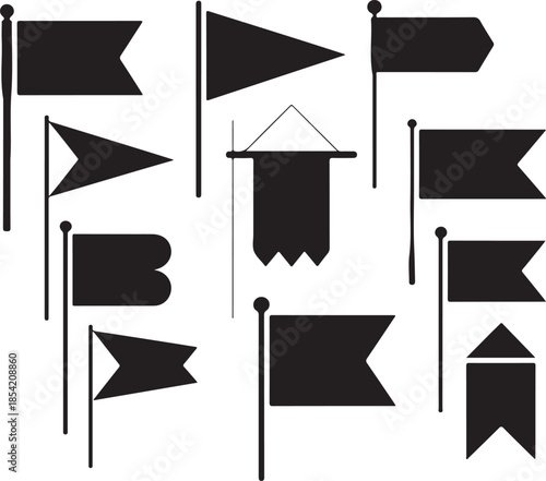 Set of black flag icons and pennants silhouettes on poles for maps navigation or games