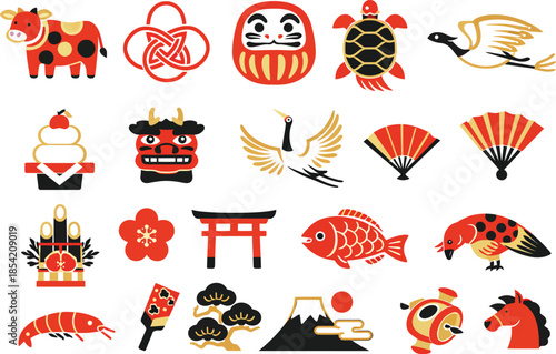 Japanese New Year Symbols Set Flat Design Isolated on White
