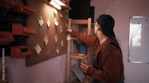 Female carpenter drinking coffee and planning work near cork board with notes in workshop