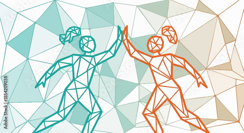 Two stylized figures celebrate success with a high five against polygons