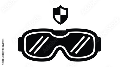 Black and white graphic of protective eyewear and a shield above it
