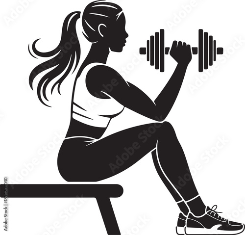 Woman fitness training sitting on bench lifting heavy dumbbell weights silhouette