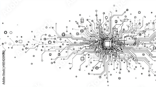 Cybernetic Symphony: A detailed monochrome illustration captures the intricate elegance of a computer motherboard, symbolizing the cutting edge of technology.