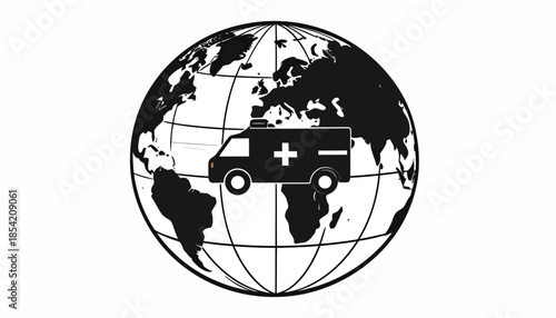 Ambulance on a world globe, vector illustration for medical transport concept.