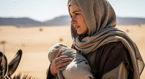 Cinematic AI generated illustration of the Flight into Egypt. Virgin Mary holding Baby Jesus riding a donkey in the desert, escaping from King Herod Matthew 2