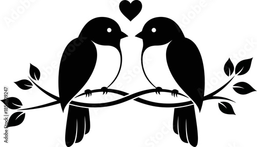 Two love birds sitting on a branch with a heart above them