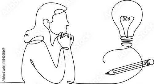 One line drawing person thinking about idea light bulb and pencil on transparent background