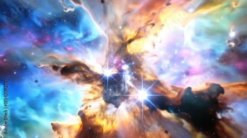 A vibrant and colorful depiction of a cosmic nebula, showcasing celestial bodies and interstellar phenomena.