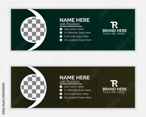 Modern combo business email signature template design set with ellipse dark green and dark olive green color shapes.
