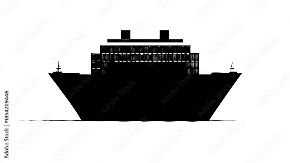 Obraz premium Simple black silhouette icon of a large passenger ship, symbolizing sea transportation, leisure travel, and unforgettable ocean journeys on the vast sea