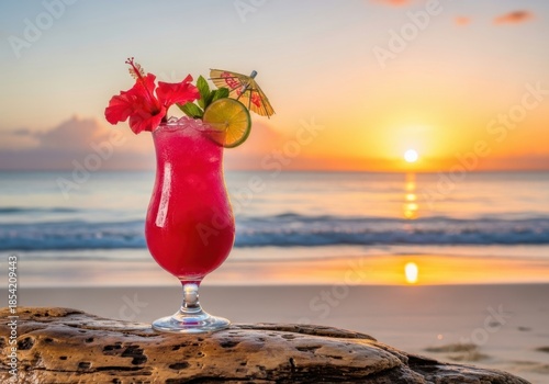 Tropical sunset cocktail on beach paradise serenity drink refreshing summer vacation vibes