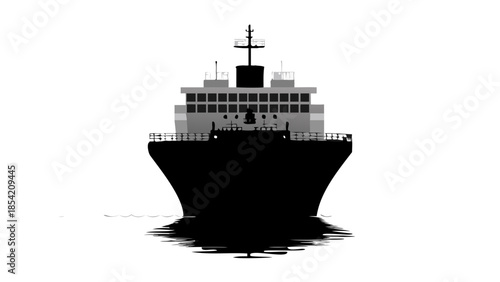 A stark black silhouette of a large vessel on a white background, reflecting in water