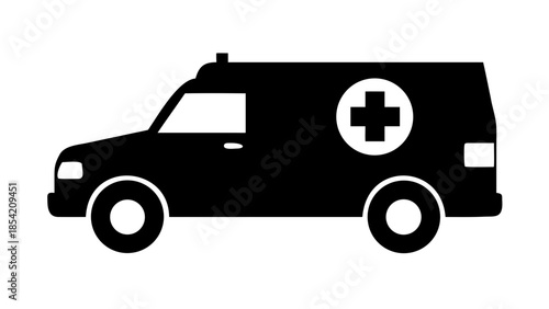 Black silhouette of an ambulance van with a white cross symbol on the side, representing medical emergency services and urgent healthcare transport