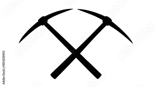 Icon of two crossed pickaxes, representing mining, excavation, and geological exploration, rendered in a simple black and white graphic style