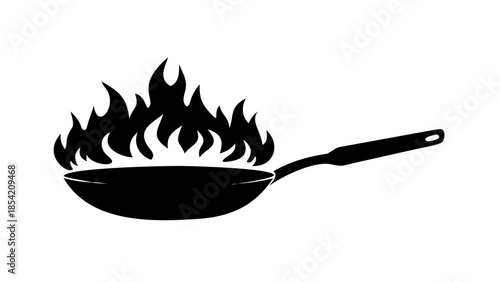 Dynamic frying pan with cooking fire illustration, symbolizing intense culinary heat and passion, ideal for kitchen, food, or restaurant-themed designs