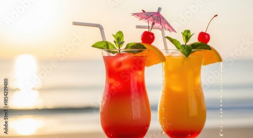 Two refreshing tropical cocktails garnished with fruit and umbrella on beach background white background