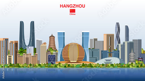 Hangzhou absract city skyline on a beautiful gradient day sky background. Vector illustration