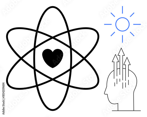 Science concept. an atom with a heart symbol and human head with arrows, emotional intelligence and mental growth. Science promoting personal and societal growth. For education, innovation