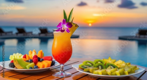 Tropical cocktail and fresh fruit platter at sunset over the ocean white background