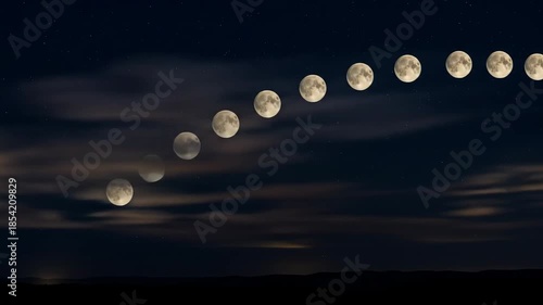 A sequence of moons in different phases is displayed against a dark, star-filled night sky.