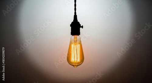 Vintage edison light bulb illuminates with warm glow creating ambiance white background