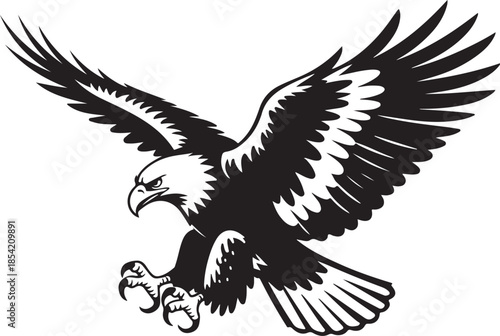 Eagle flying with wings spread black silhouette, predatory bird illustration, freedom symbo