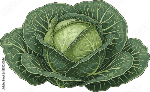 Cartoon cabbage with detailed leaves and realistic texture, botanical vegetable illustration for food, garden, or educational use - flat vector illustration