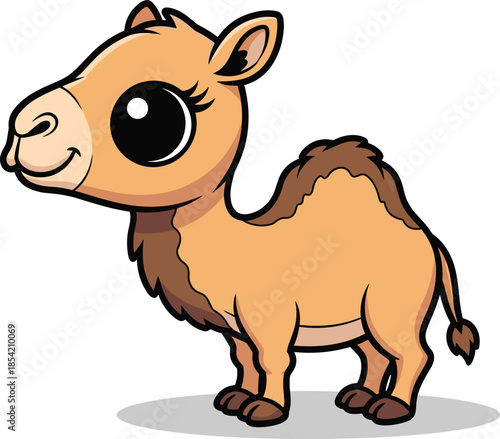 Cartoon camel with expressive eyes and friendly pose, desert animal character, cute dromedary design for kids - flat vector illustration