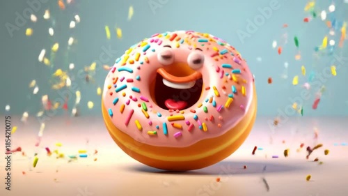A happy and cheerful cartoon doughnut with colorful sprinkles and a joyful expression.