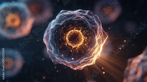 Microscopic visualization of the first energy pulse inside a newly formed cell, with a glowing nucleus and soft light diffusing slowly through a fluid medium, symbolizing the birth of life.
