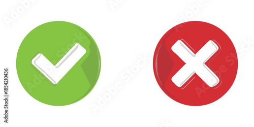 Hand drawn of Green check mark and Red cross isolated. Right and wrong icon. Vector illustration.