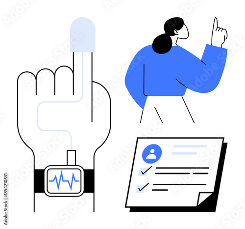 Finger with medical sensor, smartwatch tracking heart pulse, woman pointing, document with profile data. Ideal for health tracking, fitness, medical care, technology, data management healthcare