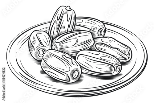 Plate of dried dates line art, high rank food illustration, depicting natural fruit arrangement, ideal for menu design, nutrition guides, and kitchenware or culinary graphics.