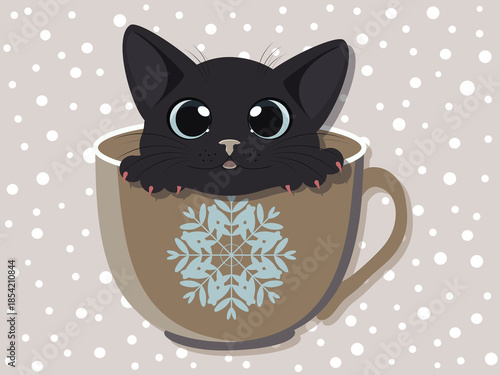 A cute black kitten with big blue eyes hid in a cup with a snowflake for the Christmas holiday. 