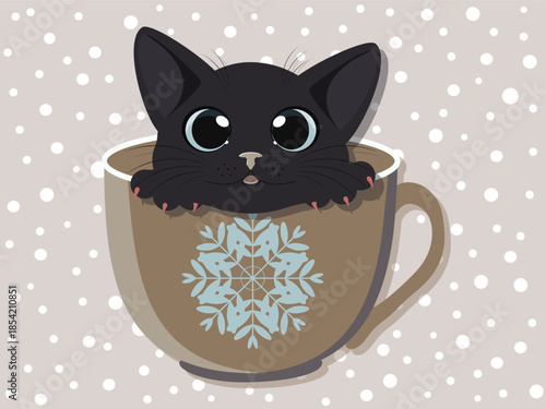 A cute black kitten with big blue eyes hid in a cup with a snowflake for the Christmas holiday. Vector