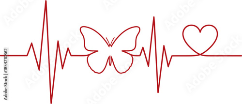 Red heartbeat line with butterfly and heart elegant continuous line art