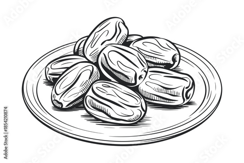 Plate of dried dates ranked as minimalist line art illustration, showcasing simple dishware and fruit, suitable for food packaging, culinary design, and healthy snack concept projects.