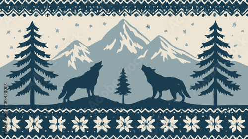 Wolves howling at snow-capped mountains with pine trees